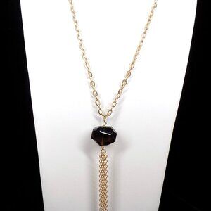 Aureus + Argent Big Brown Stone Pendant Necklace Tassel 28" Long Gold-tone